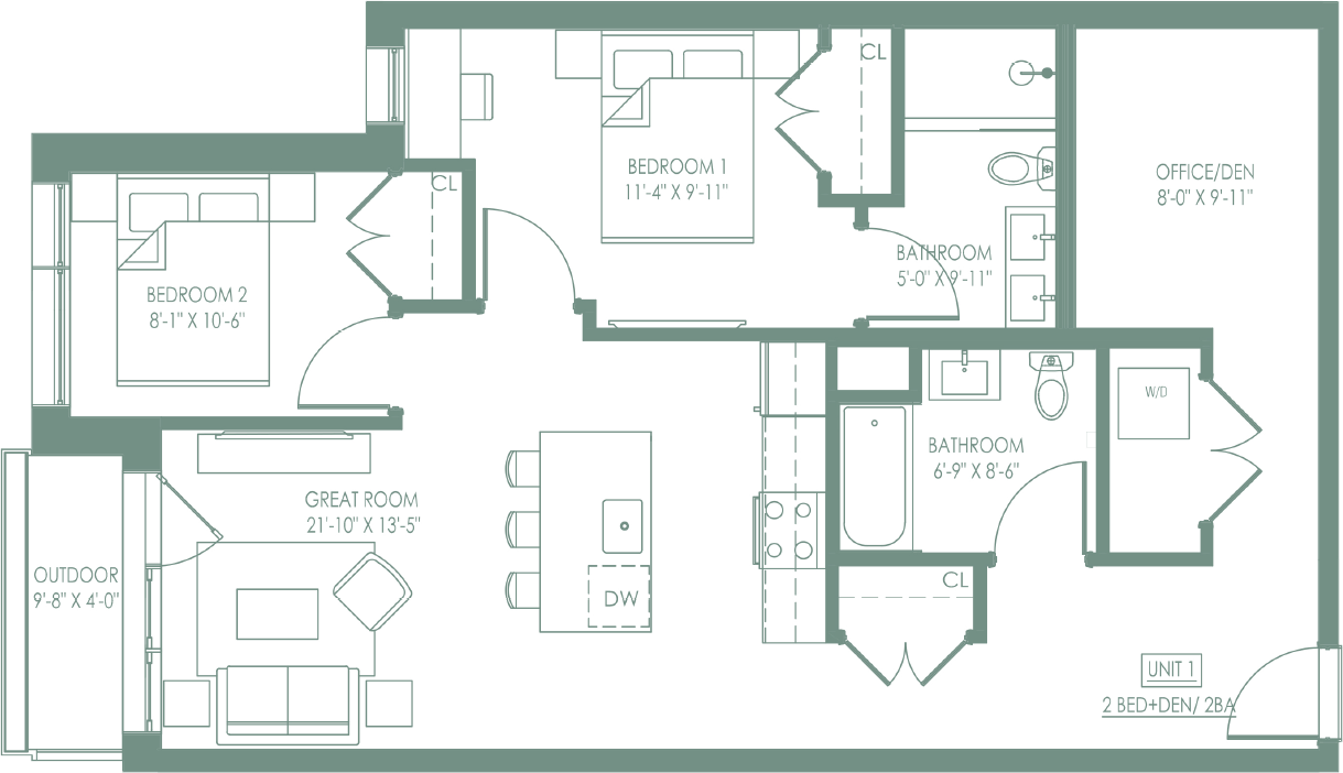 The Pine Floor Plan Unit 1 2 Bed 2 Bath