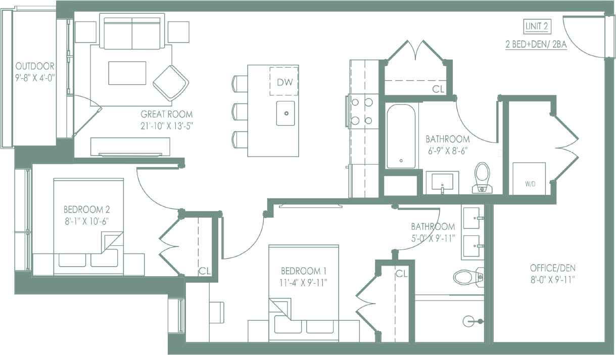 The Pine Floor Plan Unit 2 2 Bed 2 Bath